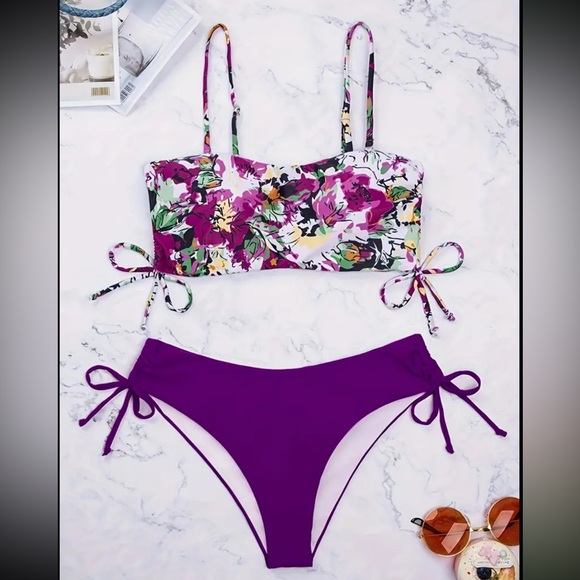 Purple and Pink Floral Bikini Set with side ties NEW size small - Picture 3 of 4